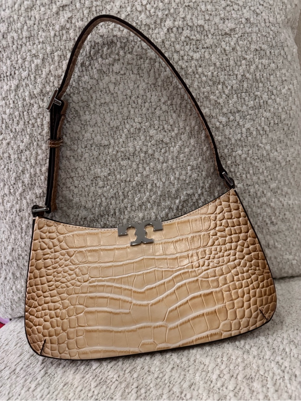 Tory Burch Tan Croc-Embossed Shoulder Bag with Silver Logo
